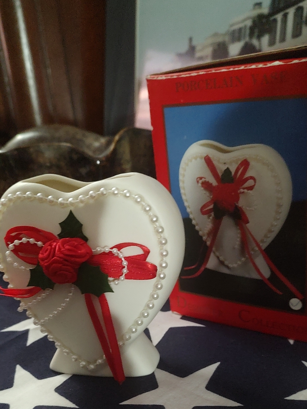 Porcelain Heart/SmallVase with Red Ribbon and Pearls - Festive White Decoration
